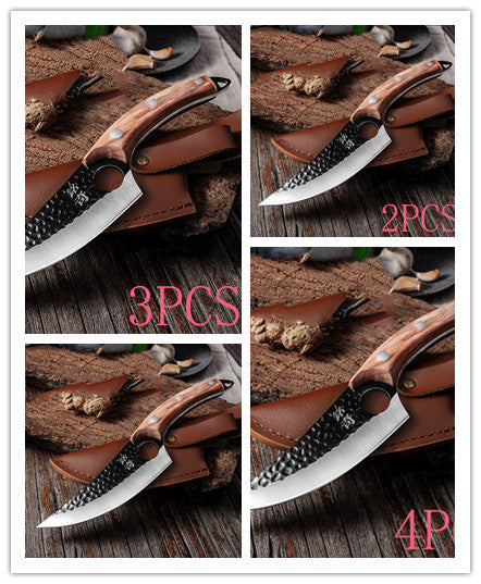 Shopi Vella forged boning knife with wooden handle and hammered blade displayed with leather sheath