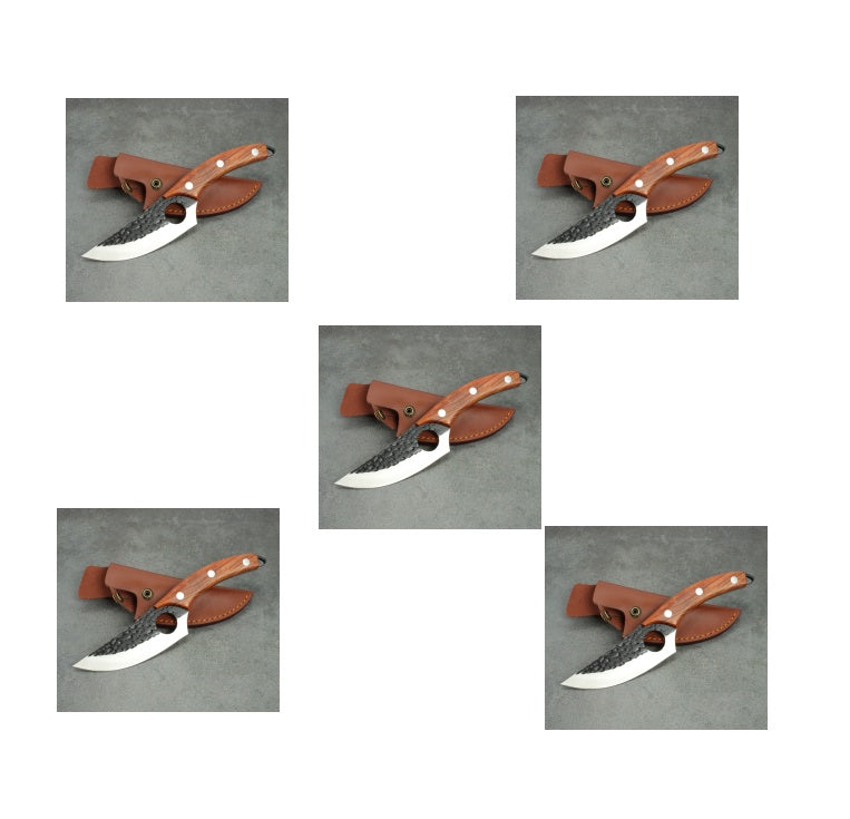 Shopi Vella forged boning knife with hammered blade and brown leather sheath on gray background
