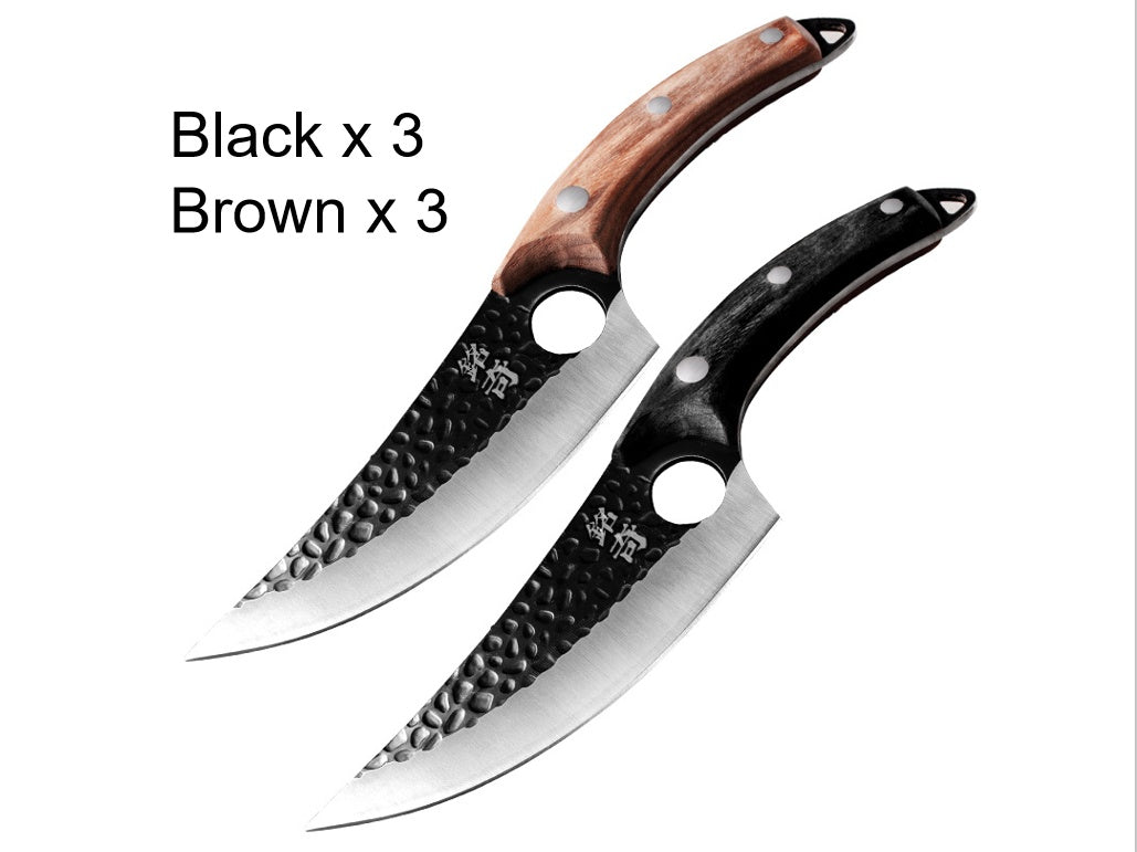 Shopi Vella forged boning knife set with black and brown wooden handles and hammered blade design