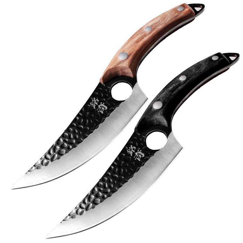 Shopi Vella forged boning knife set with hammered blades and wooden handles in black and brown