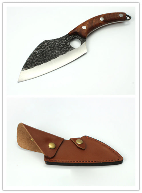 Shopi Vella forged boning knife with textured blade and wooden handle with leather sheath