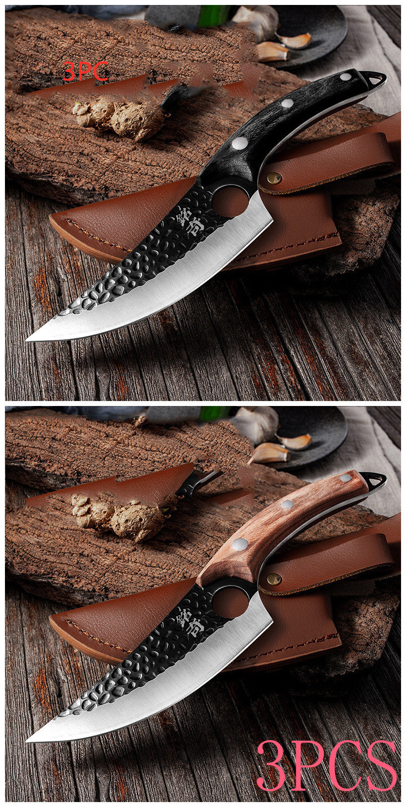 Shopi Vella forged boning knife with hammered blade and ergonomic handle with leather sheath