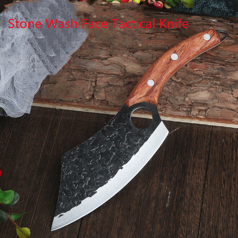 Shopi Vella forged small kitchen knife with stone wash face and wooden handle on wooden surface