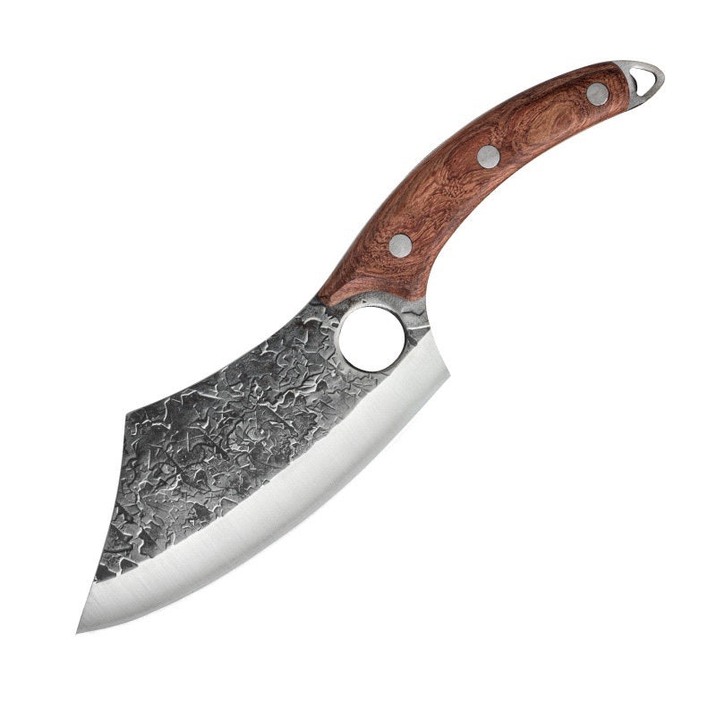 Shopi Vella forged small kitchen knife with textured blade and wooden handle for precision cutting