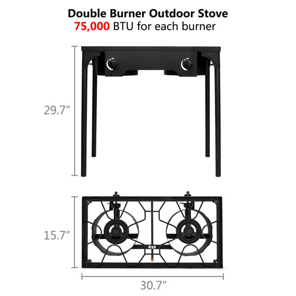 Shopi Vella double burner outdoor stove with 75000 BTU for each burner in black metal design