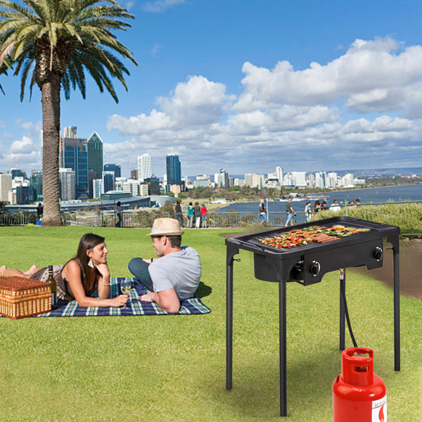 Shopi Vella four burner gas stove for home outdoor cooking with grilling food and propane tank
