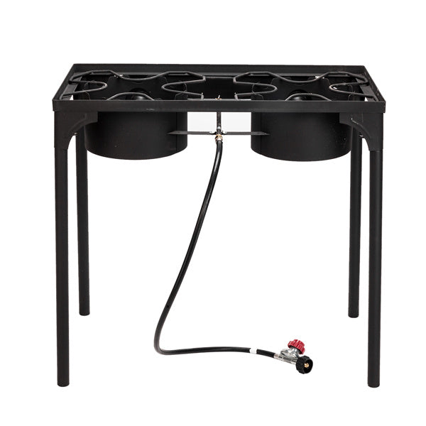 Shopi Vella four burner gas stove for home with black metal frame and gas hose connection