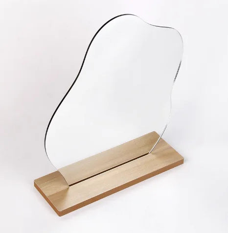 Modern dorm decor vanity mirror with wavy glass and wooden base for stylish tabletop use