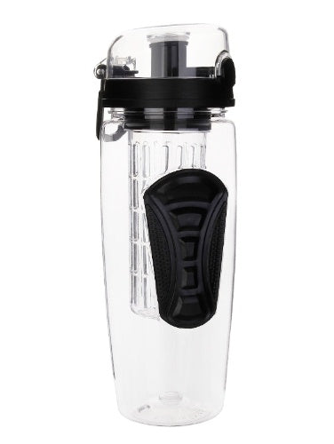 Shopi Vella transparent fruit infuser water bottle 32oz with black grip and lid