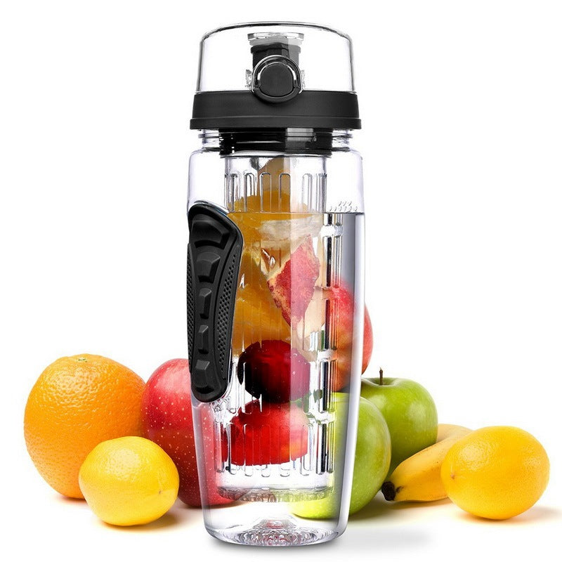 Shopi Vella fruit infuser water bottle 32oz with fresh fruit inside and ergonomic black grip