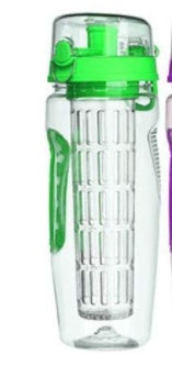 Shopi Vella fruit infuser water bottle 32oz with green lid and built-in infuser for fresh flavored drinks