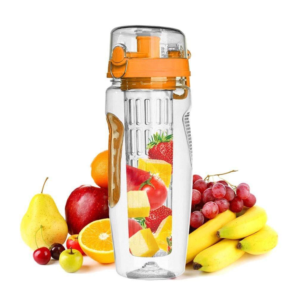 Shopi Vella fruit infuser water bottle 32oz with orange lid and fresh fruits inside and surrounding it