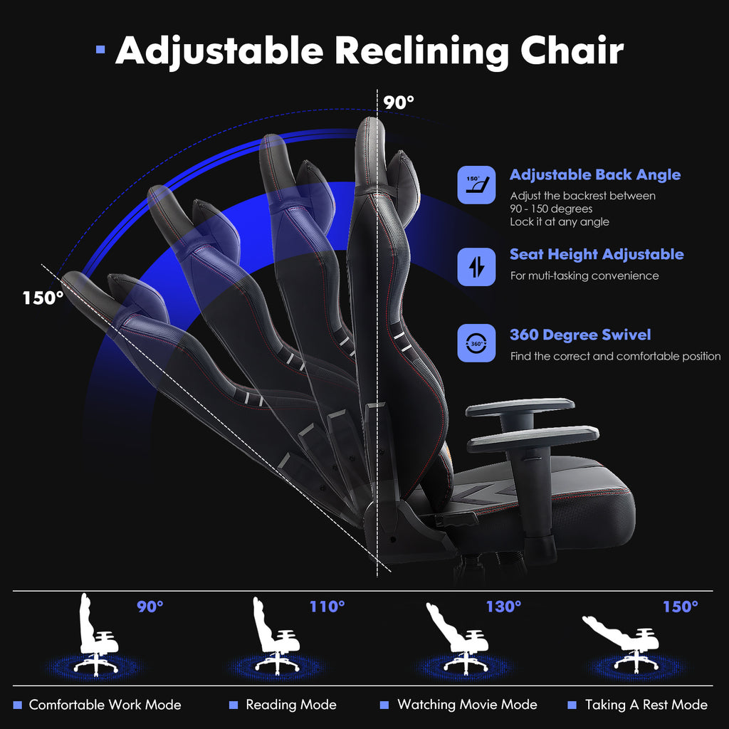 Adjustable reclining racing computer chair 350lbs with back angle, seat height, and 360 degree swivel features