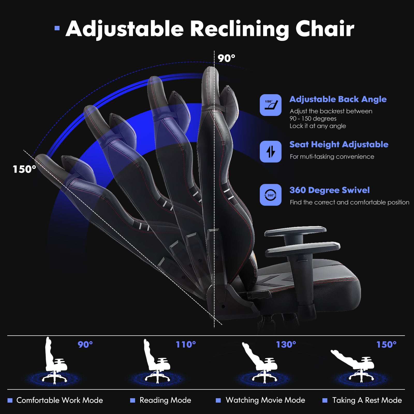 Adjustable reclining racing computer chair 350lbs with back angle, seat height, and 360 degree swivel features