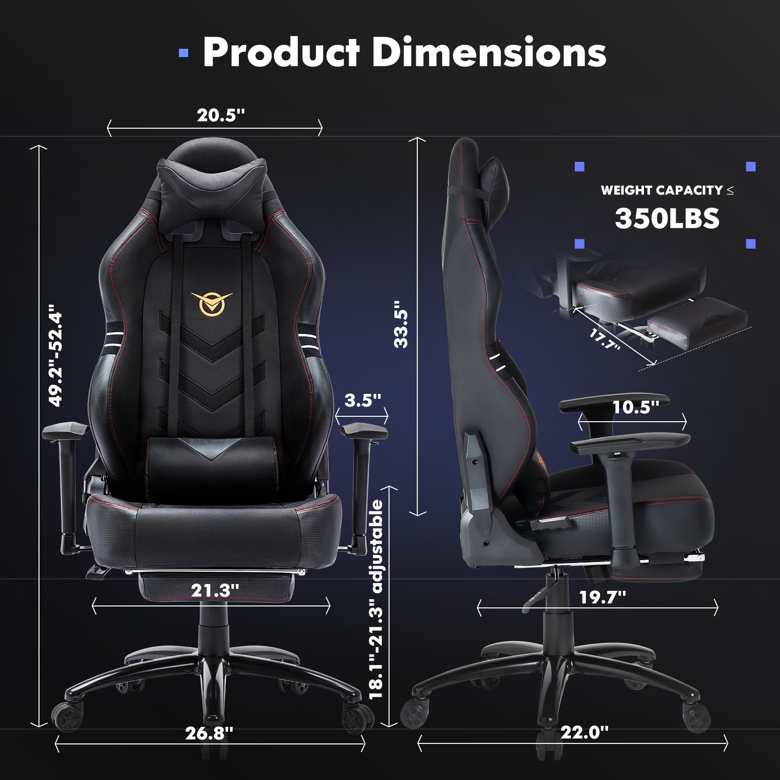 Black racing computer chair 350lbs with adjustable armrests and ergonomic design showing product dimensions