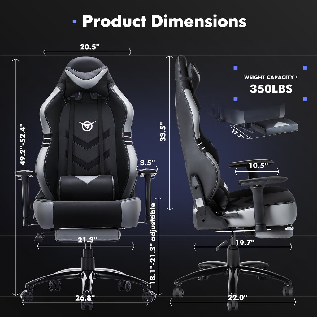 Black and gray racing computer chair 350lbs capacity with adjustable armrests and ergonomic design
