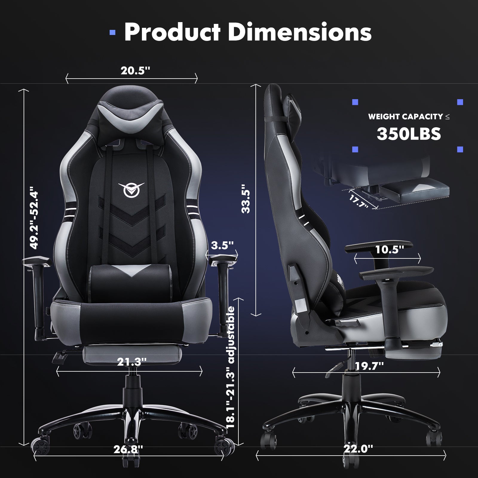 Black and gray racing computer chair 350lbs capacity with adjustable armrests and ergonomic design
