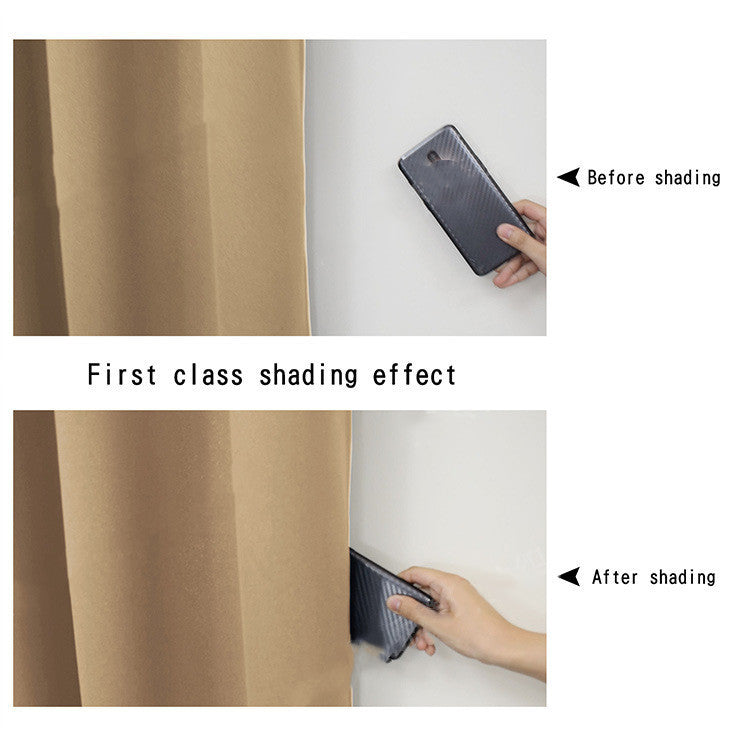 Shopi Vella full blackout curtains with liner showing before and after shading effect on phone screen