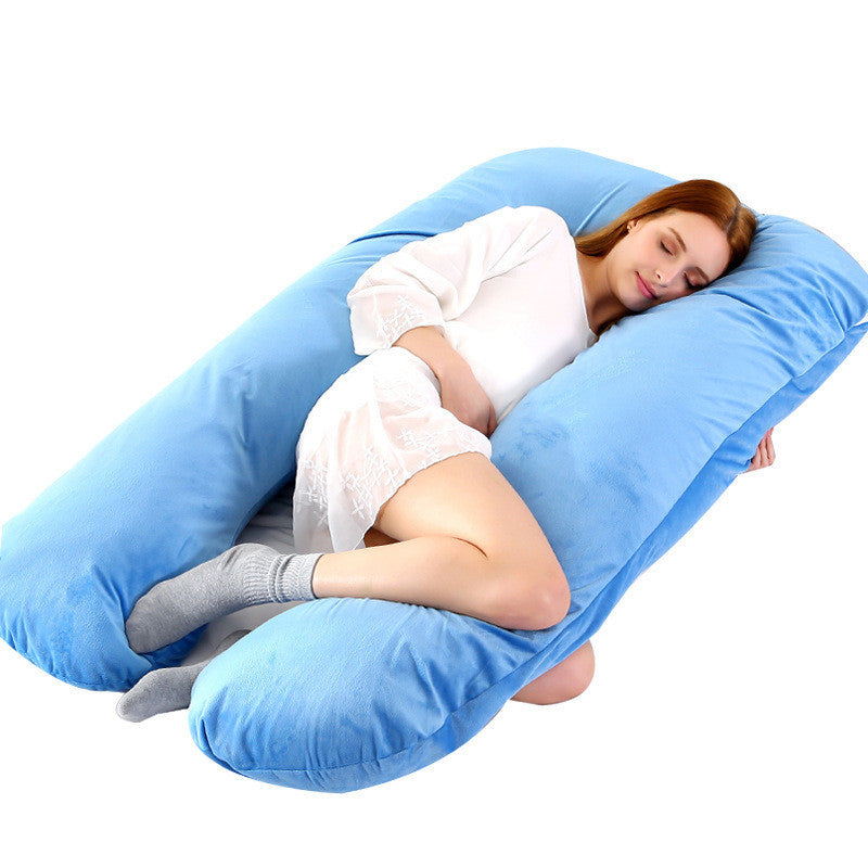Shopi Vella blue pillow case on full body maternity pillow with woman resting comfortably