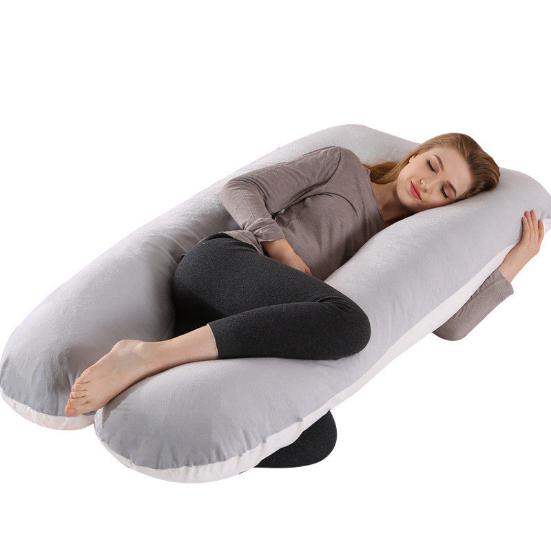 Shopi Vella pillow case on full body maternity pillow with woman resting comfortably