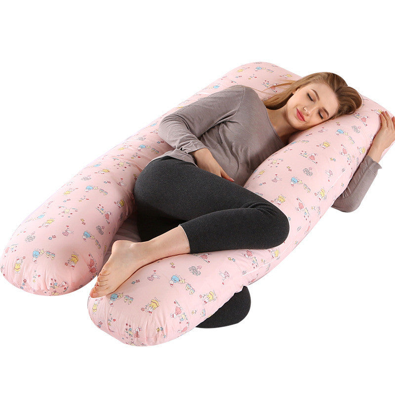Shopi Vella pink pillow case on full body maternity pillow with cartoon print and woman resting