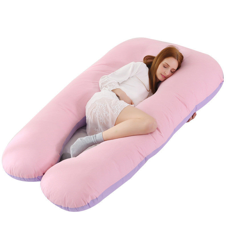 Shopi Vella pink and purple full body maternity pillow with pillow case supporting pregnant woman sleeping