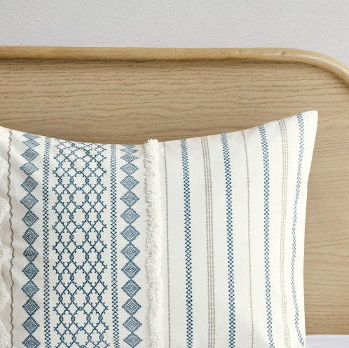 Full queen duvet cover with chenille featuring blue and beige embroidered stripes on white fabric