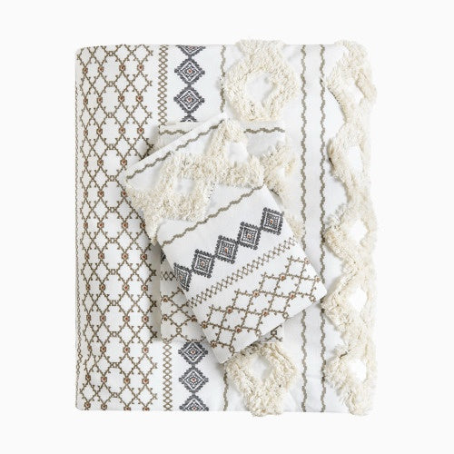 Full queen duvet cover with chenille in white featuring textured geometric and diamond patterns