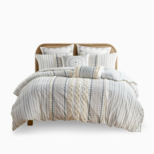 Full queen duvet cover with chenille in beige and gray striped and textured pattern bedding set