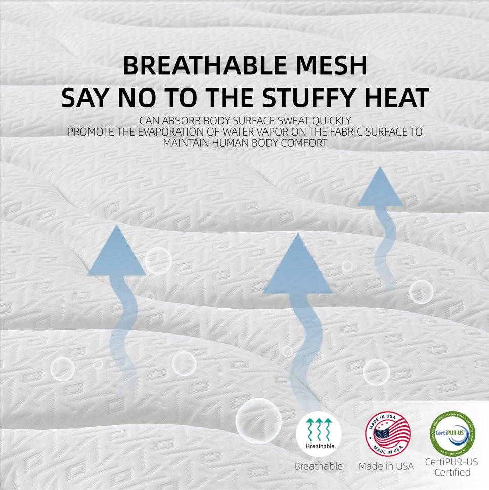 Breathable mesh fabric on full size hybrid mattress gel memory foam for heat and moisture control