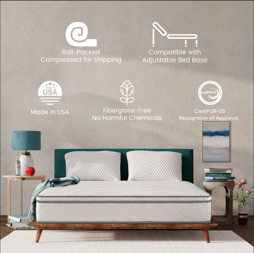 Full size hybrid mattress gel memory foam on wooden bed frame with green headboard in modern bedroom