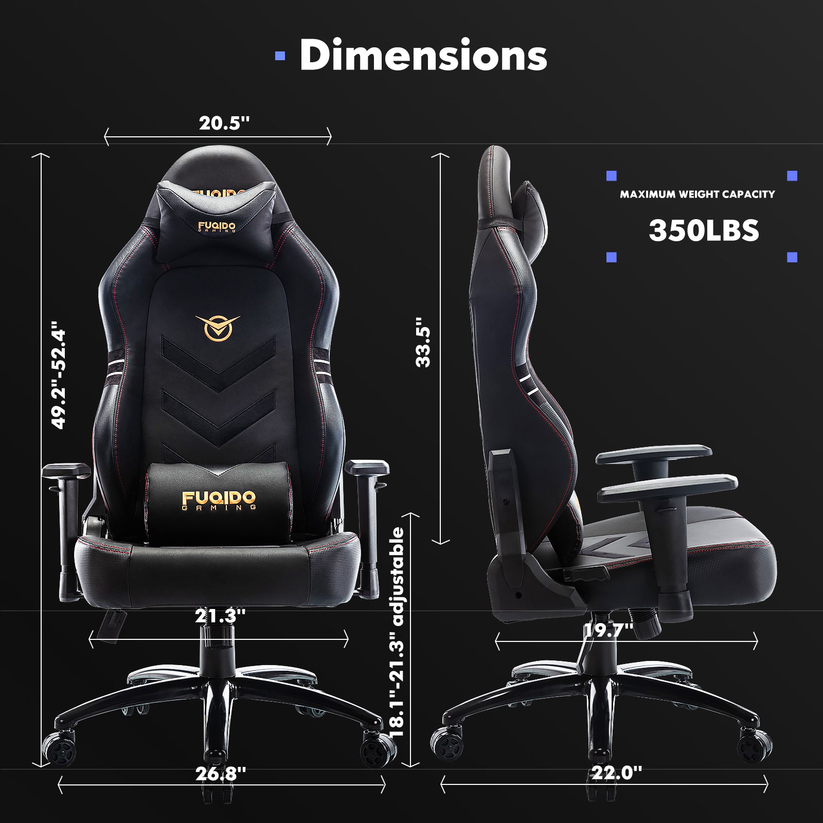 Black racing computer chair 350lbs capacity with adjustable height and ergonomic design