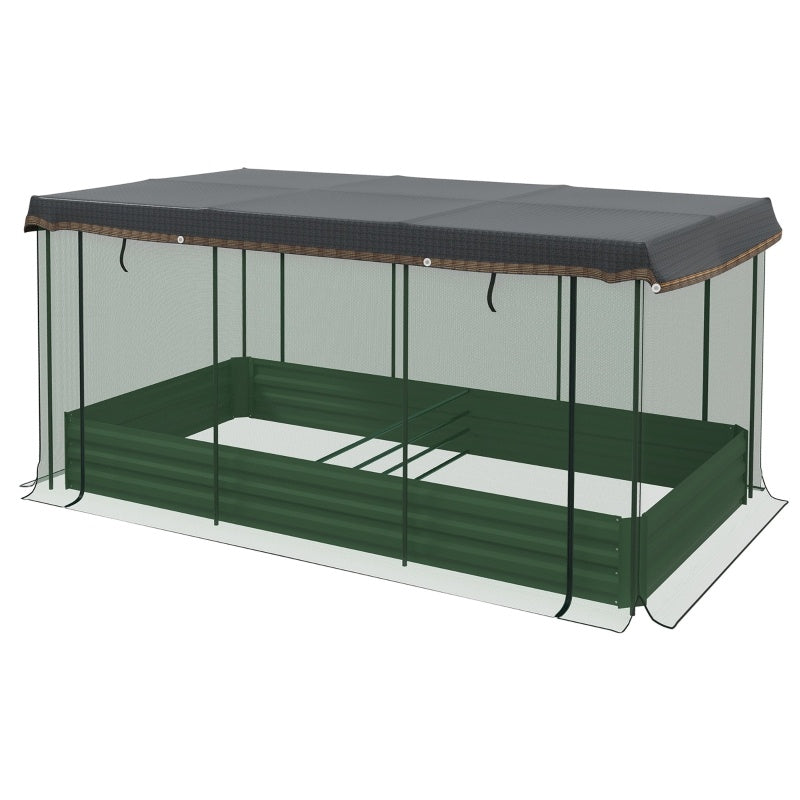 Shopi Vella galvanized steel planter box with green frame and protective mesh cover