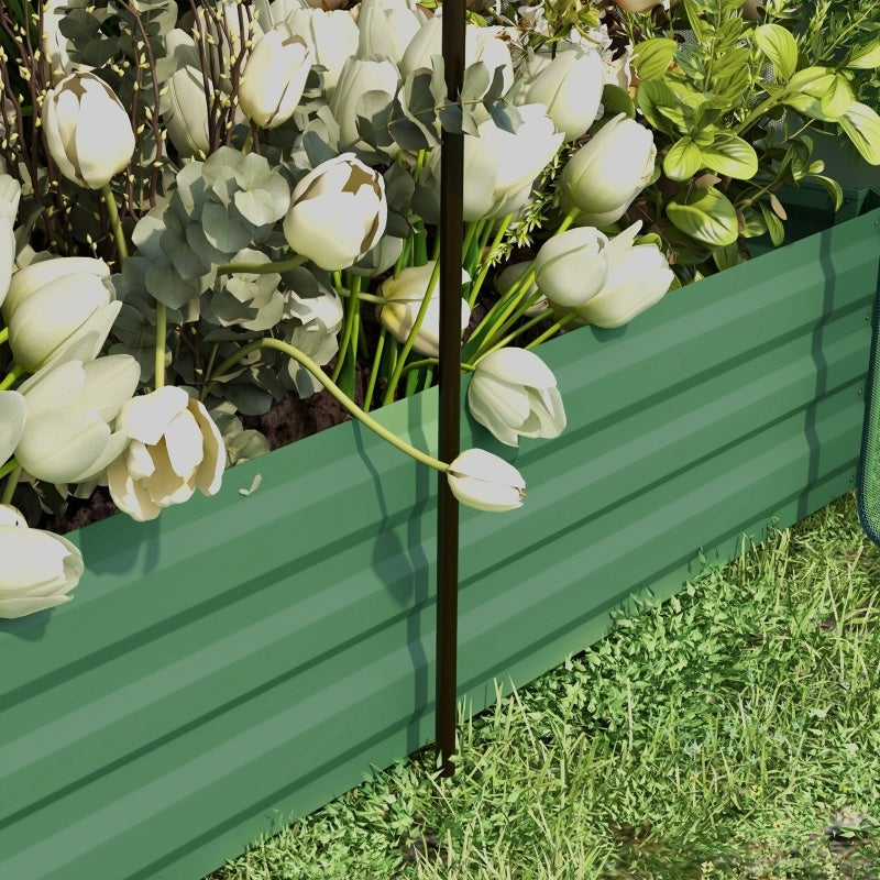 Shopi Vella galvanized steel planter box with white tulips and green foliage in a garden setting