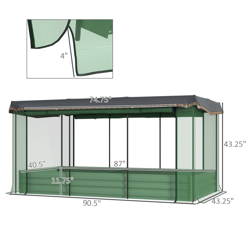 Shopi Vella galvanized steel planter box with green mesh cover and black frame measuring 90.5 by 43.25 inches