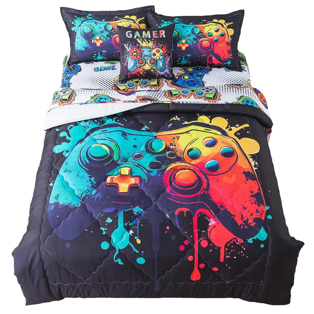 Colorful gaming bedding set for boys featuring vibrant video game controller design on comforter and pillows
