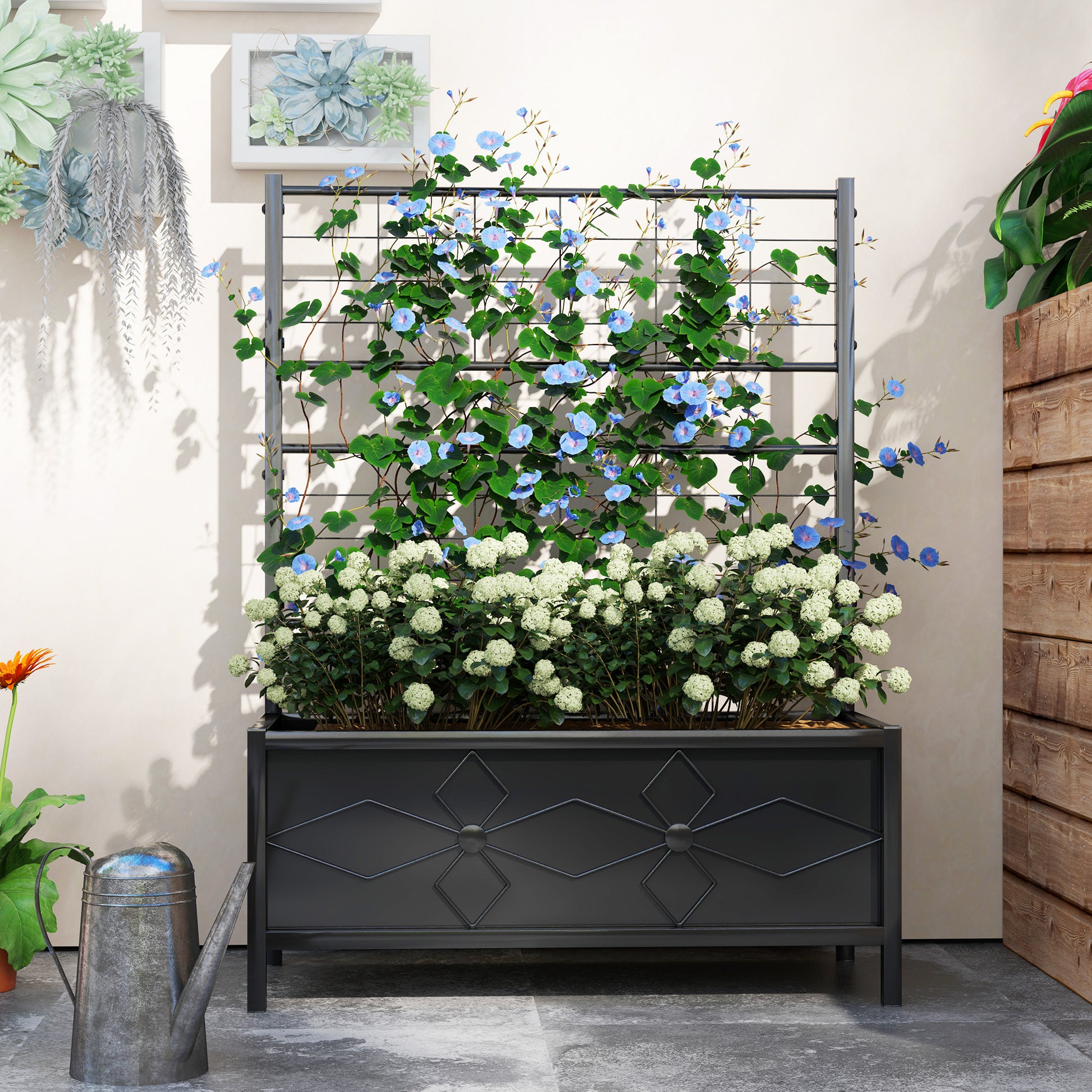 Shopi Vella galvanized raised garden bed with trellis holding green and blooming plants indoors
