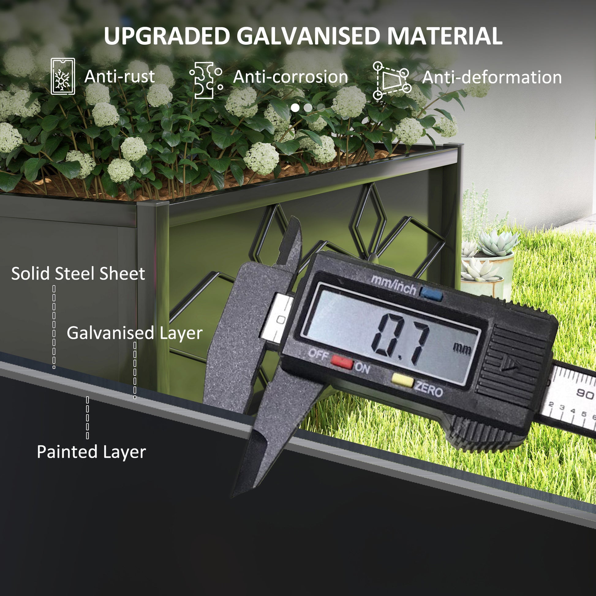 Shopi Vella galvanized raised garden bed showing upgraded galvanized material with solid steel sheet and anti-rust features