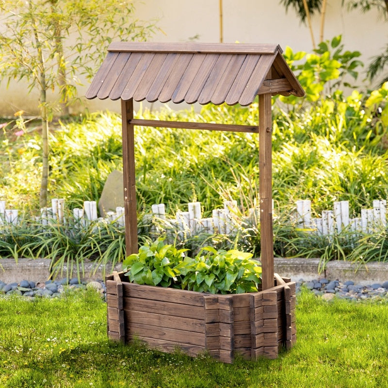 Shopi Vella wooden wishing well planter for garden with green plants and decorative roof