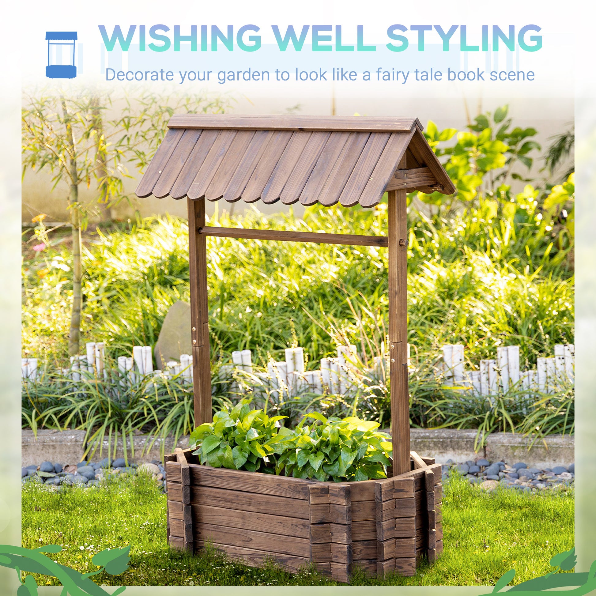 Shopi Vella wishing well planter for garden with wooden design and green plants inside for outdoor decoration