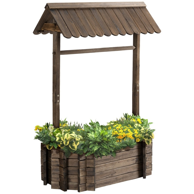 Shopi Vella wooden wishing well planter for garden with roof and vibrant green and yellow plants