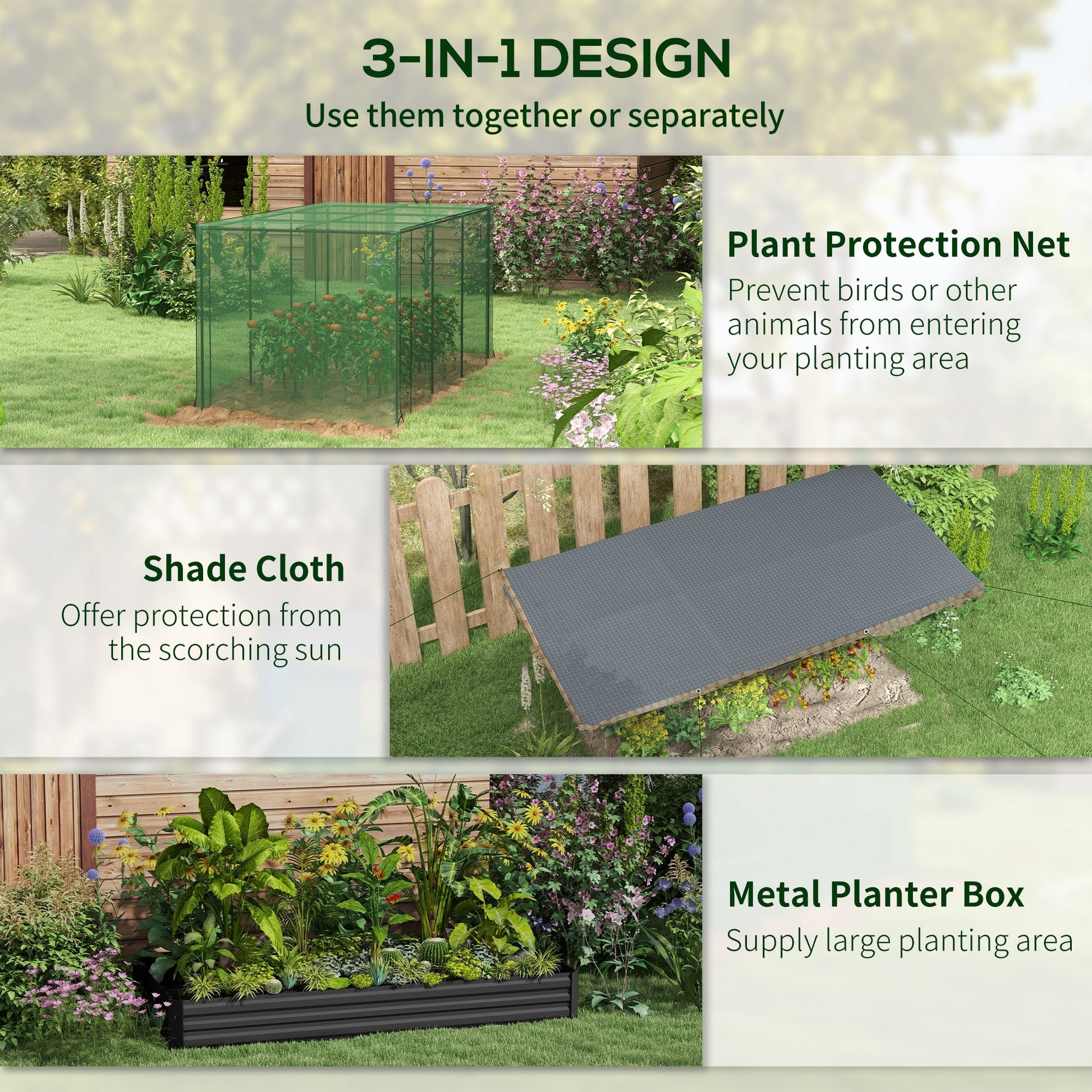 Shopi Vella herb and veggie raised garden box with plant protection net shade cloth and metal planter box
