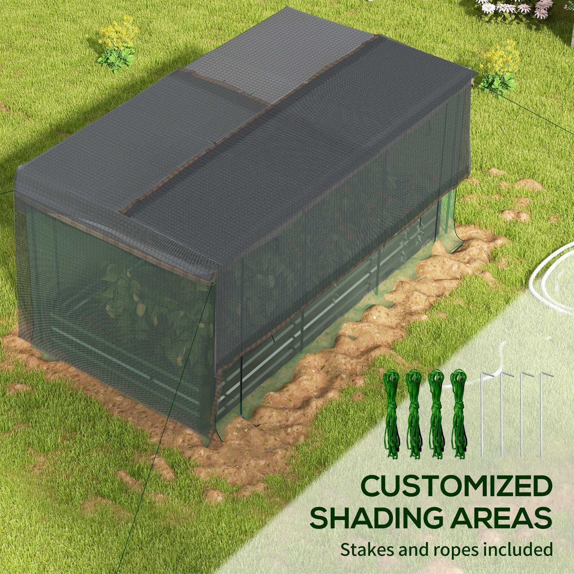 Shopi Vella herb and veggie raised garden box with protective net shading and included stakes and ropes