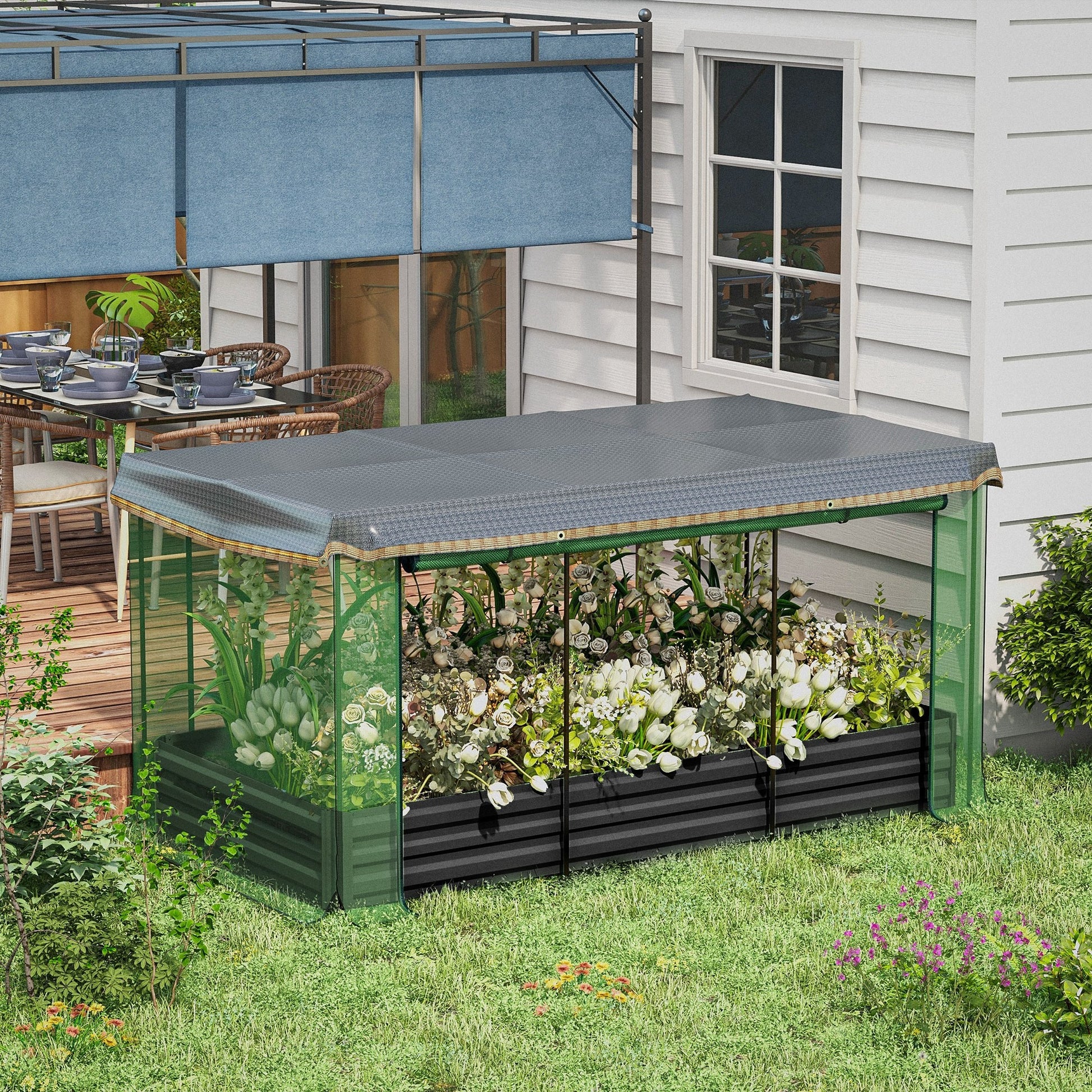 Shopi Vella herb and veggie raised garden box with protective cover in a backyard garden setting