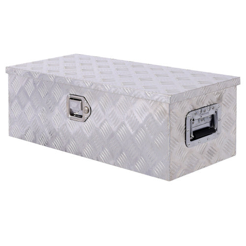 Shopi Vella 30 inch aluminum toolbox with sturdy diamond plate design and metal handles