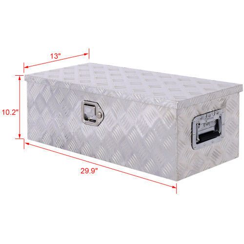 Shopi Vella 30 inch aluminum toolbox with diamond plate texture and side handles for storage