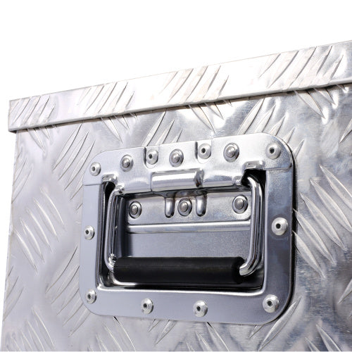 Close-up of handle on Shopi Vella 30 inch aluminum toolbox with diamond plate texture