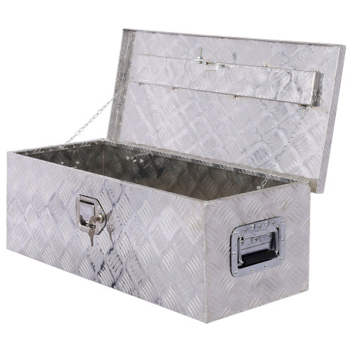 Open 30 inch aluminum toolbox with diamond plate pattern and side handles by Shopi Vella