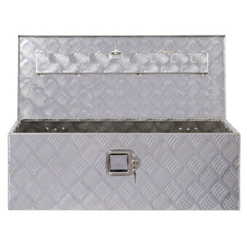 Shopi Vella 30 inch aluminum toolbox with lock and key in open position for secure storage
