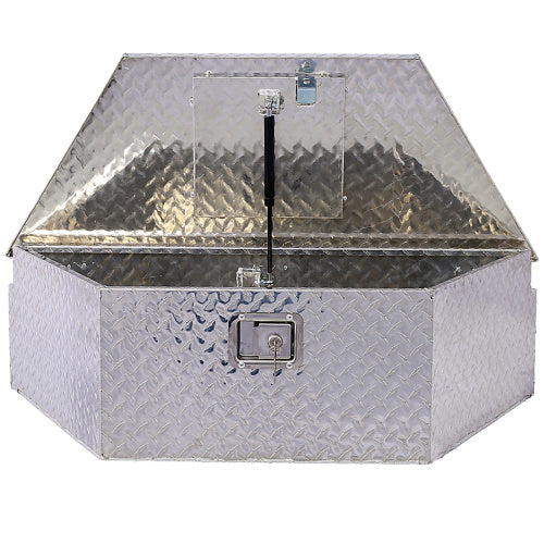Shopi Vella 39 inch aluminum truck tool box with diamond plate finish and secure latch open view